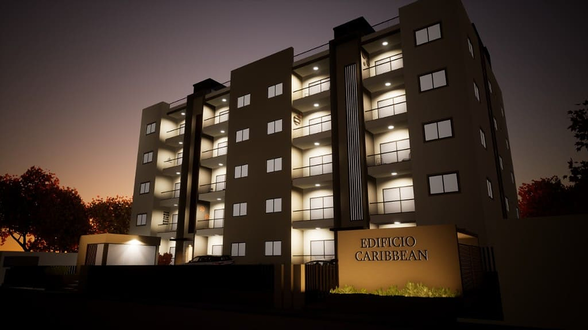 Edificio Caribbean — entrada nocturna